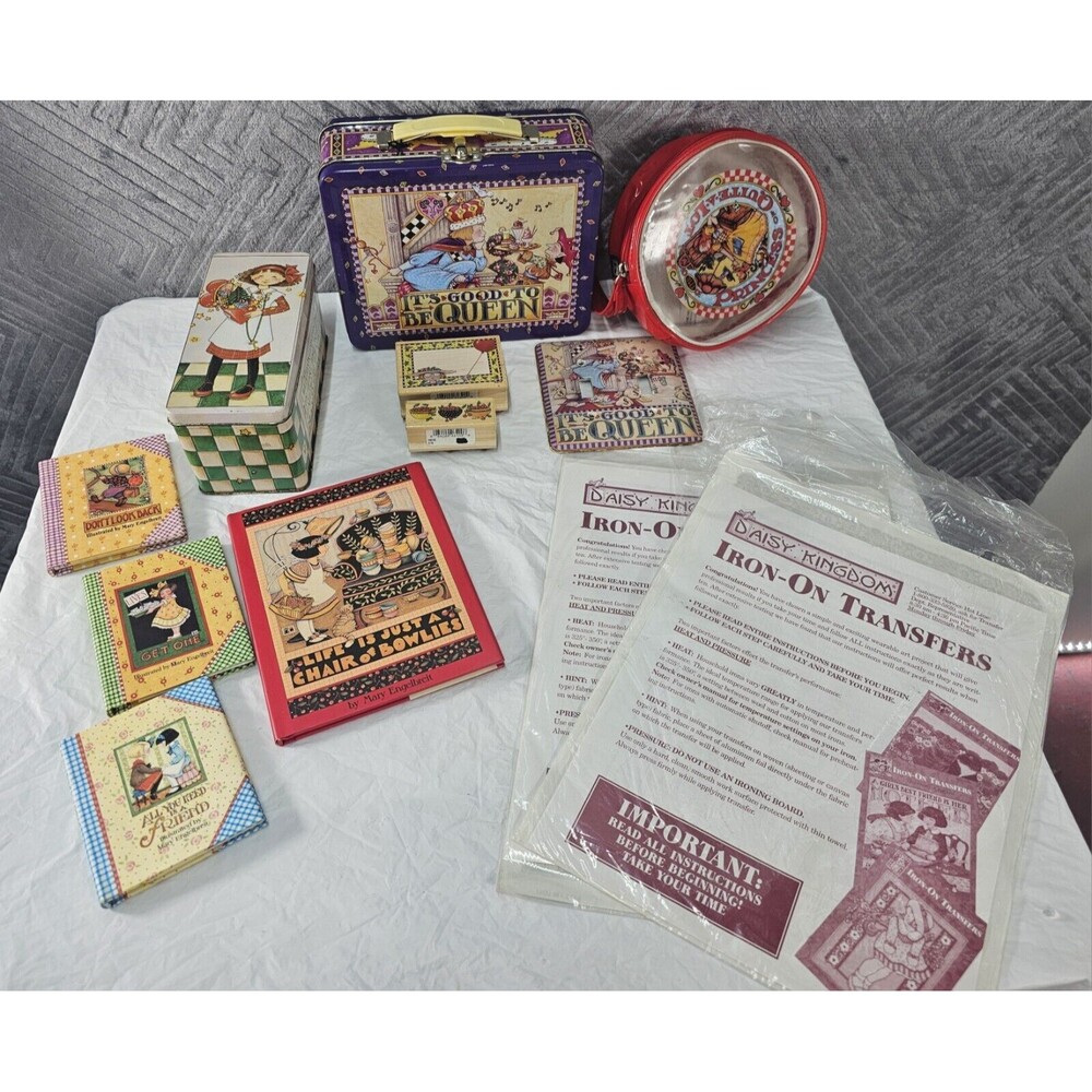 Vintage Lot Of 12 Mary Engelbreit Tin, Lunchbox, Transfers, Stamps, Books, Etc.